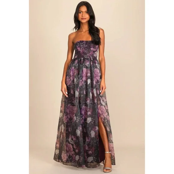 NWT Lulus Wonderful Waltz Purple Floral Print Strapless Bustier Maxi Dress Sz M - Picture 2 of 11